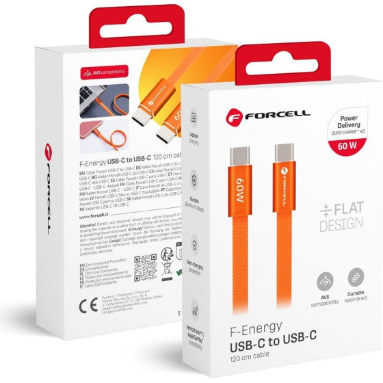 FORCELL Cable Usb C To Usb C F-Energy QC4.0 Pd 3A 60W Cafule Flat 1,2 m CCFN23 orange