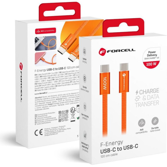 FORCELL Cable Usb C To Usb C F-Energy QC4.0 Pd 5A 100W Cafule Flat 1,2 m CCFN23 orange
