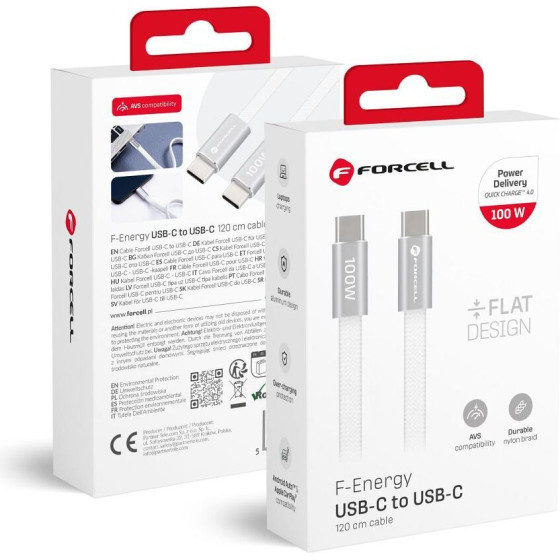 FORCELL Cable Usb C To Usb C F-Energy QC4.0 Pd 5A 100W Cafule Flat 1,2m CCFN23 white