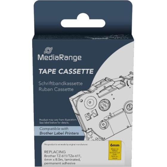 �������� ������� ������ MediaRange (Brother TZ-611/TZe-611) 6mm, 8m, Laminated And Permanent Adhesive, Black On Yellow - (MRBTZ611)