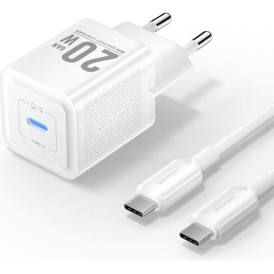 Vention 1-Port USB-C Gan Charger (20W) With USB-C To Lightning Cable (1M) EU-Plug White - (TZ-FEPW0-EU-02)