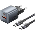 Vention 2-Port Usb (C + A) Gan Charger (30W/18W) Gray With USB-C To USB-C Cable (1M) Black EU-Plug - (TZ-FEWH0-EU)