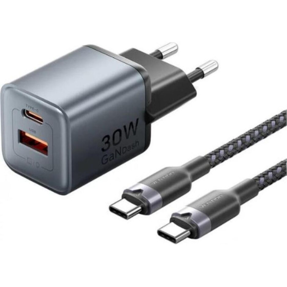 Vention 2-Port Usb (C + A) Gan Charger (30W/18W) Gray With USB-C To USB-C Cable (1M) Black EU-Plug - (TZ-FEWH0-EU)