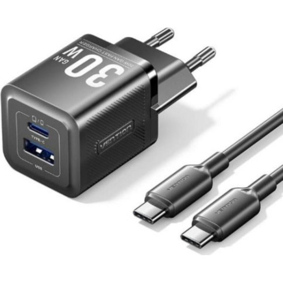 Vention 2-Port Usb (C + A) Gan Charger (30W/30W) With USB-C To USB-C Cable (1M) EU-Plug Black - (TZ-FEQB0-EU-01)