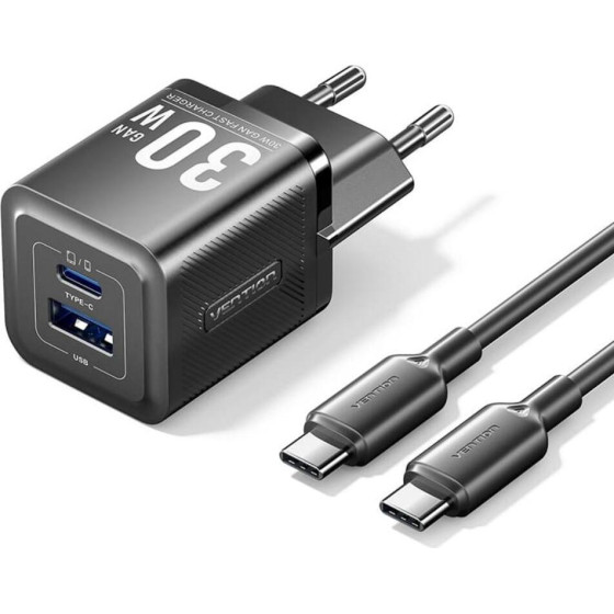 Vention 2-Port Usb (C + A) Gan Charger (70W/22.5W) With 5A USB-C To USB-C Cable (1M) EU-Plug Gray - (TZ-FCGH0-EU)