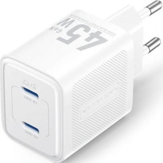 Vention 2-Port Usb (C + C) Gan Charger (45W/45W) EU-Plug White - (FEFW0-EU)