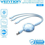 Vention 3-in-1 Usb 2.0 Type-A Male To USB-C Male + USB-C Male + Lightning Male 3.5A Retractable Cable 1.1M Blue - (TRJSBE)
