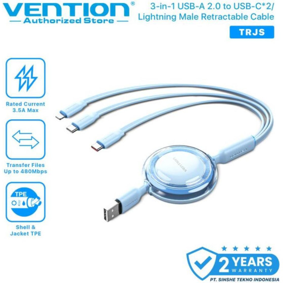 Vention 3-in-1 Usb 2.0 Type-A Male To USB-C Male + USB-C Male + Lightning Male 3.5A Retractable Cable 1.1M Blue - (TRJSBE)