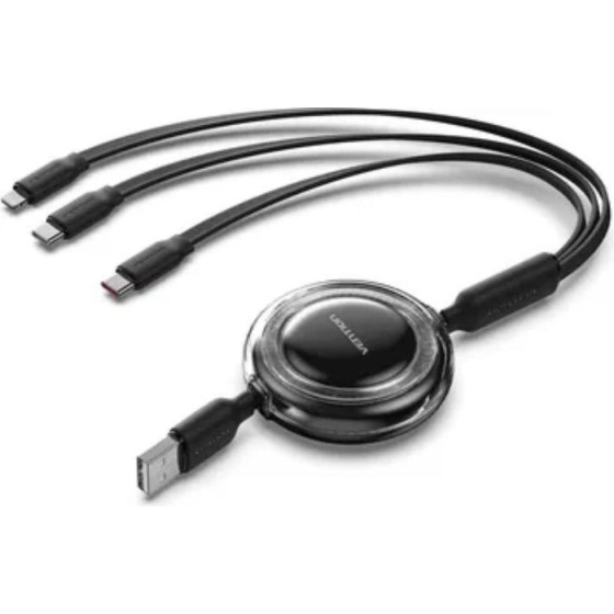 Vention 3-in-1 Usb 2.0 Type-A Male To USB-C Male + USB-C Male + Lightning Male 3.5A Retractable Cable 1.1M Pink - (TRJPBE)