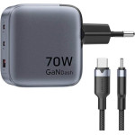 Vention 3-Port Usb (C+C+A) Gan Charger (70W/70W/22.5W) Gray With USB-C To USB-C Cable (1M) Black EU-Plug - (TZ-FEXH0-EU)