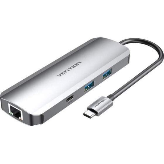 Vention Multi-Function USB-C To HDMI/USB-C Gen 1/USB3.0x2/RJ45/SD/TF/Trrs 3.5mm/Pd Docking Station 0.15M Gray Aluminum Alloy Type - (TOMHB)