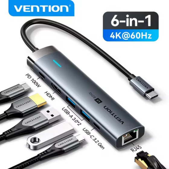 Vention USB-C To HDMI/Usb 3.2 Gen 1 Type-C/Usb 3.0*2/RJ45/Pd Docking Station 0.15M Gray Aluminum Alloy Type - (TGNHB)
