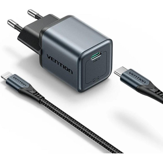Vention 1-Port USB-C Gan Charger (20W) Gray With USB-C To Lightning Cable (1M) Black EU-Plug - (TZ-FEVH0-EU)