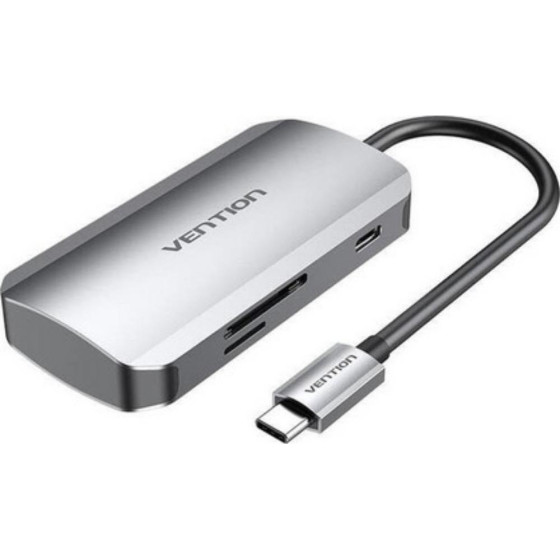 Vention USB-C To USB3.0x3/SD/TF/Pd Hub 0.15M Gray Aluminum Alloy Type - (TNHHB)