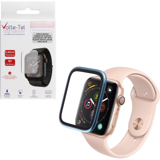 Volte-Tel Tempered Glass Apple Watch 4/5/6/Se 44mm 3D Curved Aluminium 1.78'' 0.30mm Full Cover & Installation Tool BLUE - (5205308416910)