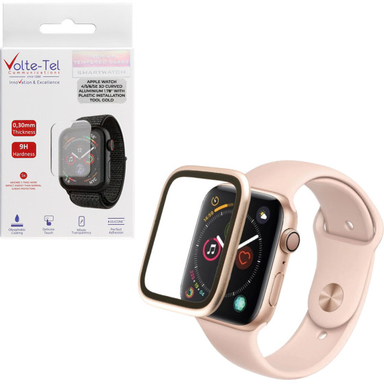 Volte-Tel Tempered Glass Apple Watch 4/5/6/Se 44mm 3D Curved Aluminium 1.78'' 0.30mm Full Cover & Installation Tool GOLD - (5205308416927)