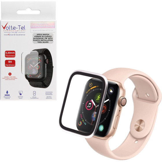 Volte-Tel Tempered Glass Apple Watch 4/5/6/Se 44mm 3D Curved Aluminium 1.78'' 0.30mm Full Cover & Installation Tool SILVER - (5205308416897)