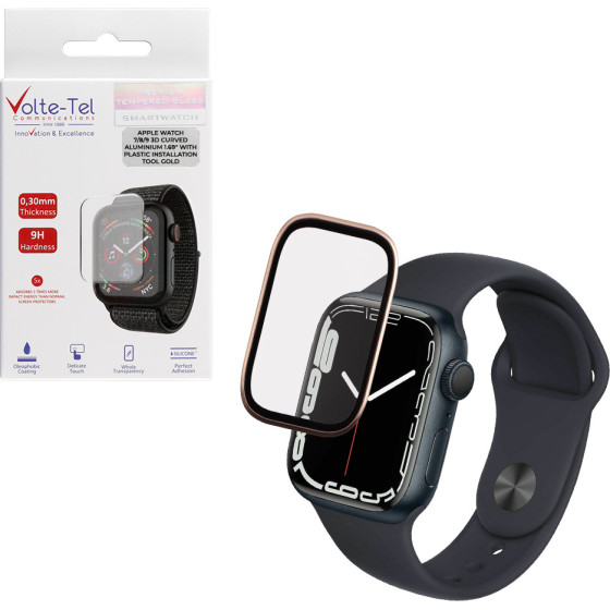 Volte-Tel Tempered Glass Apple Watch 7/8/9 41mm 3D Curved Aluminium 1.69'' 0.30mm Full Cover & Installation Tool GOLD - (5205308416989)