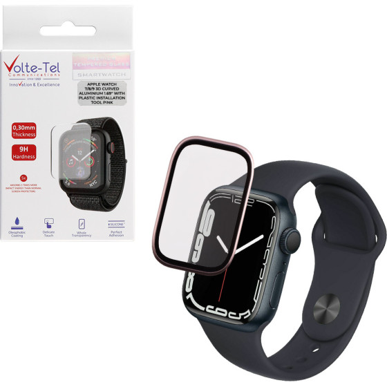 Volte-Tel Tempered Glass Apple Watch 7/8/9 41mm 3D Curved Aluminium 1.69'' 0.30mm Full Cover &C Installation Tool PINK - (5205308416996)