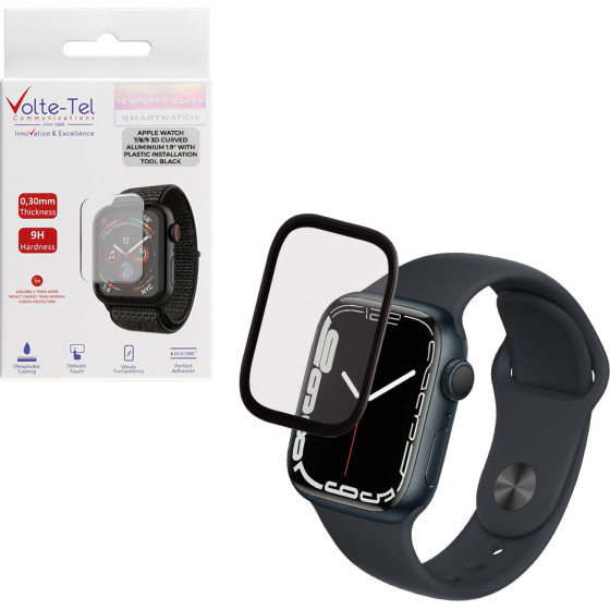 Volte-Tel Tempered Glass Apple Watch 7/8/9 45mm 3D Curved Aluminium 1.9'' 0.30mm Full Cover & Installation Tool BLACK - (5205308417016)