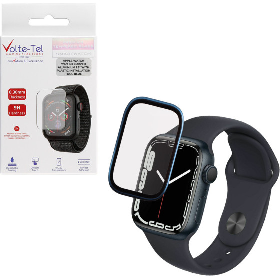 Volte-Tel Tempered Glass Apple Watch 7/8/9 45mm 3D Curved Aluminium 1.9'' 0.30mm Full Cover & Installation Tool BLUE - (5205308417047)