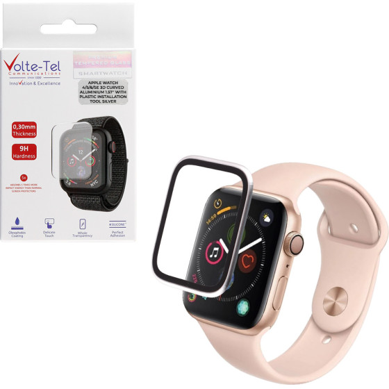 Volte-Tel Tempered Glass Apple Watch 4/5/6/Se 40mm 3D Curved Aluminium 1.57'' 0.30mm Full Cover & Installation Tool SILVER - (5205308416835)