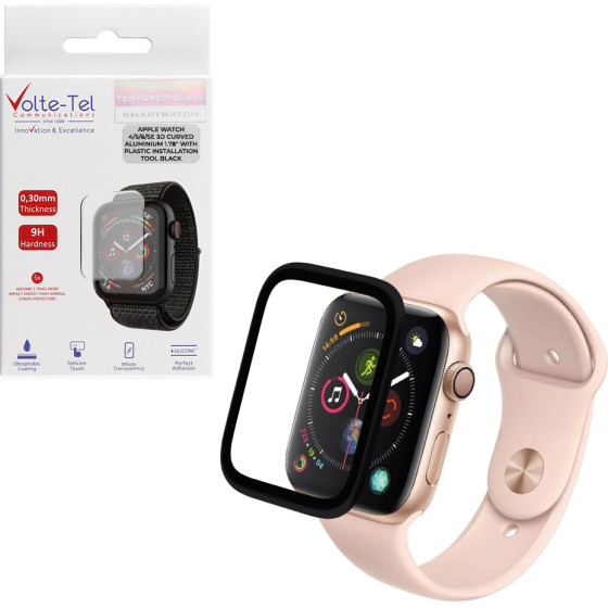 Volte-Tel Tempered Glass Apple Watch 4/5/6/Se 44mm 3D Curved Aluminium 1.78'' 0.30mm Full Cover & Installation Tool BLACK - (5205308416880)