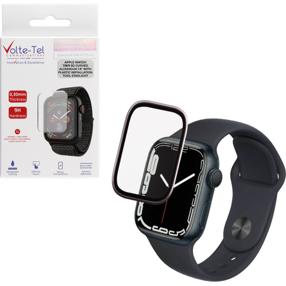 Volte-Tel Tempered Glass Apple Watch 7/8/9 45mm 3D Curved Aluminium 1.9'' 0.30mm Full Cover & Installation Tool STARLIGHT - (5205308417030)