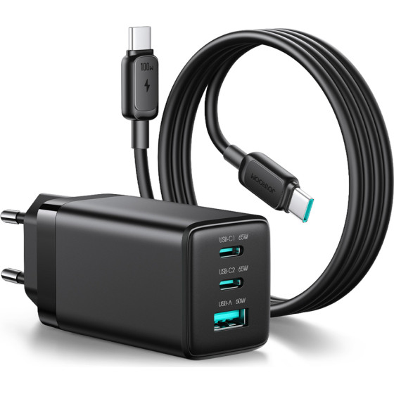 Joyroom JR-TG10 65W Gan 2x USB-C + USB-A Wall Charger With 100W USB-C - USB-C 1.2m Cable - Black - (JR-TG10 black)