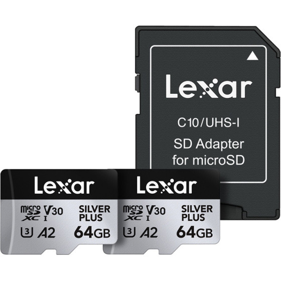 LEXAR ��� 2 ������ ������ High-Performance Silver Plus Microsdxc 2x64GB + ������������ - (LMSSIPL064G-B2ANG)