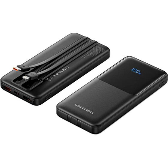 Vention 10000mAh Power Bank (Micro-Usb + USB-C + USB-A/USB-A) With Built-In USB-C And Lightning Cables 22.5W Black Led Display Universal Type - (FHOB0-TY)