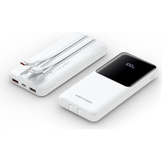 Vention 10000mAh Power Bank (Micro-Usb + USB-C + USB-A/USB-A) With Built-In USB-C And Lightning Cables 22.5W White Led Display Universal Type - (FHOW0-TY)