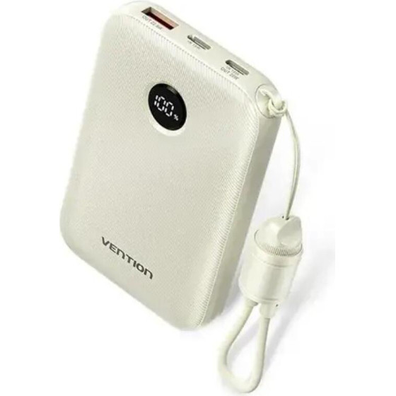 Vention 10000mAh Power Bank (USB-C + USB-C/USB-C/USB-A) With Built-In USB-C To USB-C Cable 22.5W Beige Led Display Universal Type - (FKAN0-C-TY)