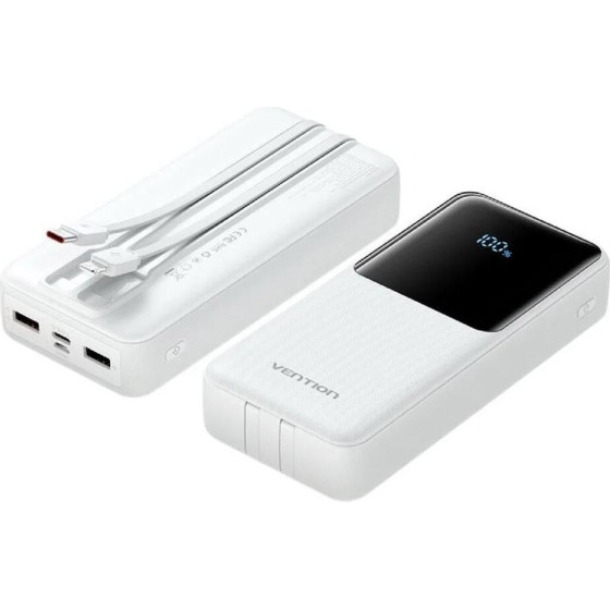 Vention 20000mAh Power Bank (Micro-Usb + USB-C + USB-A/USB-A) With Built-In USB-C And Lightning Cables 22.5W White Led Display Universal Type - (FHPW0-TY)