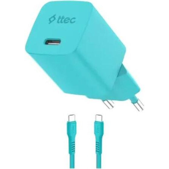 ttec SmartCharger GAN 45W PD Travel Fast Charger+ USB-C - USB-C 3A Cable Neon Blue - (2SCG45CNM)