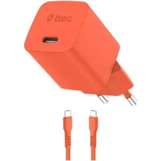 ttec SmartCharger GAN 45W PD Travel Fast Charger+ USB-C - USB-C 3A Cable Neon Orange - (2SCG45CNT)