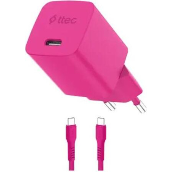 ttec SmartCharger GAN 45W PD Travel Fast Charger+ USB-C - USB-C 3A Cable Neon Pink - (2SCG45CNP)