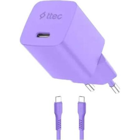 ttec SmartCharger GAN 45W PD Travel Fast Charger+ USB-C - USB-C 3A Cable Neon Purple - (2SCG45CNMR)