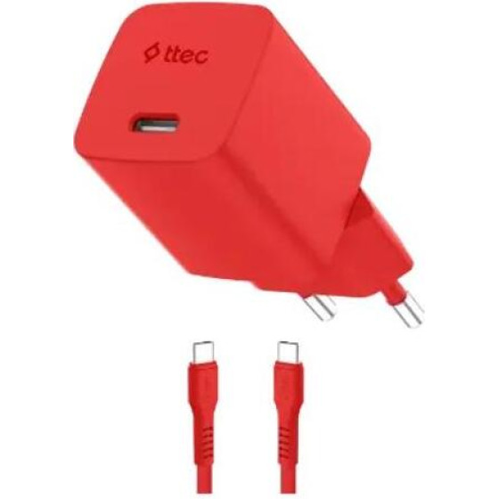ttec SmartCharger GAN 45W PD Travel Fast Charger+ USB-C - USB-C 3A Cable Neon Red - (2SCG45CNK)