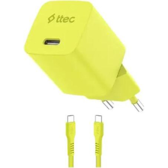 ttec SmartCharger GAN 45W PD Travel Fast Charger+ USB-C - USB-C 3A Cable Neon Yellow - (2SCG45CNS)
