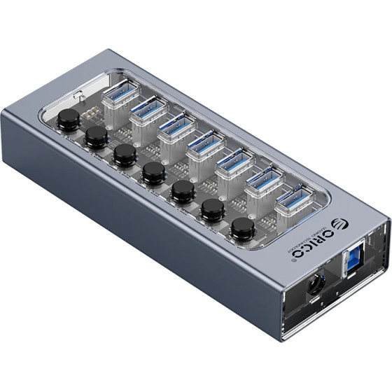 Orico USB3.0 Hub 7 Port With Power Adapter, On/Off buttons, Aluminium - AT2U3-7AB-EU-Gy - (AT2U3-7AB-EU-GY-BP)