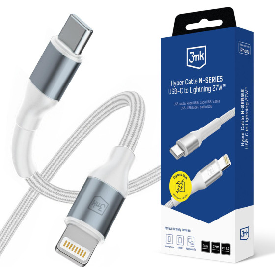 3MK Protection 3MK Hyper Cable N-Series USB-C / Lightning 3m Pd 3.0 9V/3A 27W - White - (160693-0)