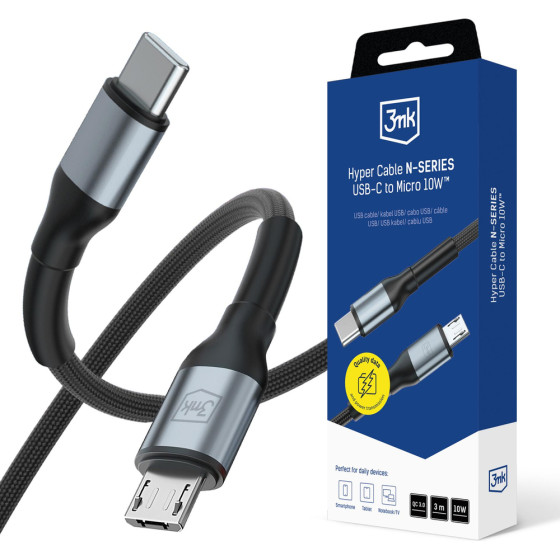 3MK Protection 3MK Hyper Cable N-Series USB-C / Microusb 3m Qc 3.0 5V/2A 10W - Black - (160690-0)