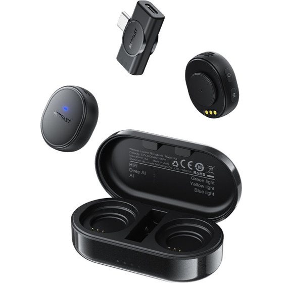 Acefast - Wireless Lavalier Microphones - Dual Mic, Magnetic Clip, Ai Noise Reduction, 80m Range, 25ms Latency - Black - (R3)
