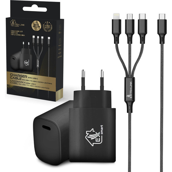 EXTRALINK Smart Life SET03 3-in-1 Cable + Charger, 12W, 120cm / 20W PD3.0 5V/3A 9V/2.2A 12V 1.67A (Black) - (EX.23230)