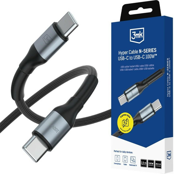 3MK Hyper Cable N-Series USB-C To USB-C cable, 1.5 m, 20 V/5 A, 100 W, black