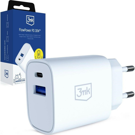3MK Flowpower USB-A + USB-C 30W Pd 3.0 QC4+ Wall Charger, White