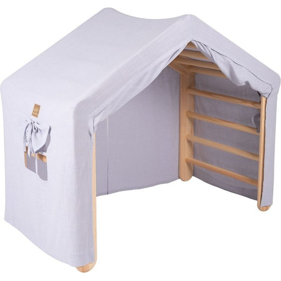 MeowBaby Climbing Ladder Large House 112x61x94 Cm Indoor Traingle With Tent. Wood, Linen, Viscose, Gray And Blue House, Natural l - (DDOM003SNIE)
