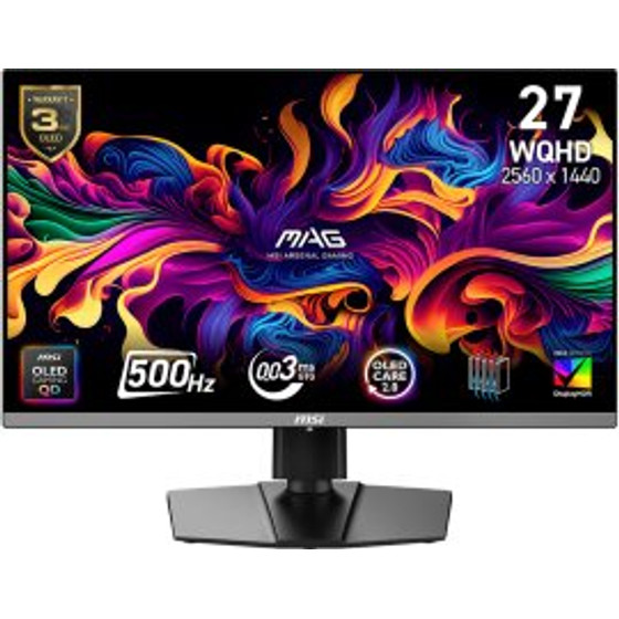 MSI Monitor Gaming Mag 272QP QD-Oled X50, Flat QD-Oled WQHD, 27'', 16:9, 300CD/M2, 1.500.000:1, 0,03MS, 500Hz, 2560x1440, 2x HDMI/ DP/ Hp OUT, PIVOT, HAS, TILT, SWIVEL, BLACK, 3YW. - (9S6-3CD79A-032)