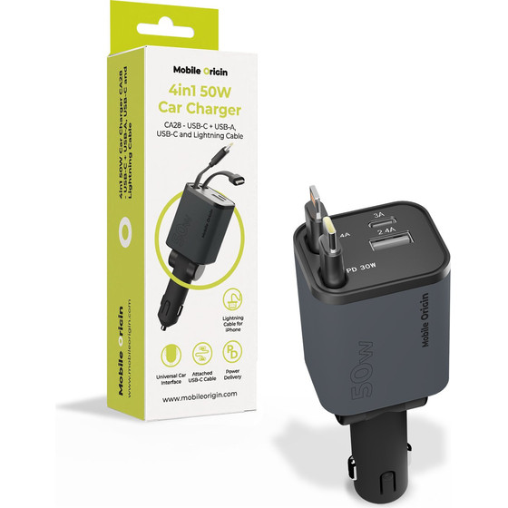 Mobile Origin 4in1 50W Car Charger CA28 - USB-C + USB-A, USB-C and Lightning Cable - (MO-CCH-CA28)